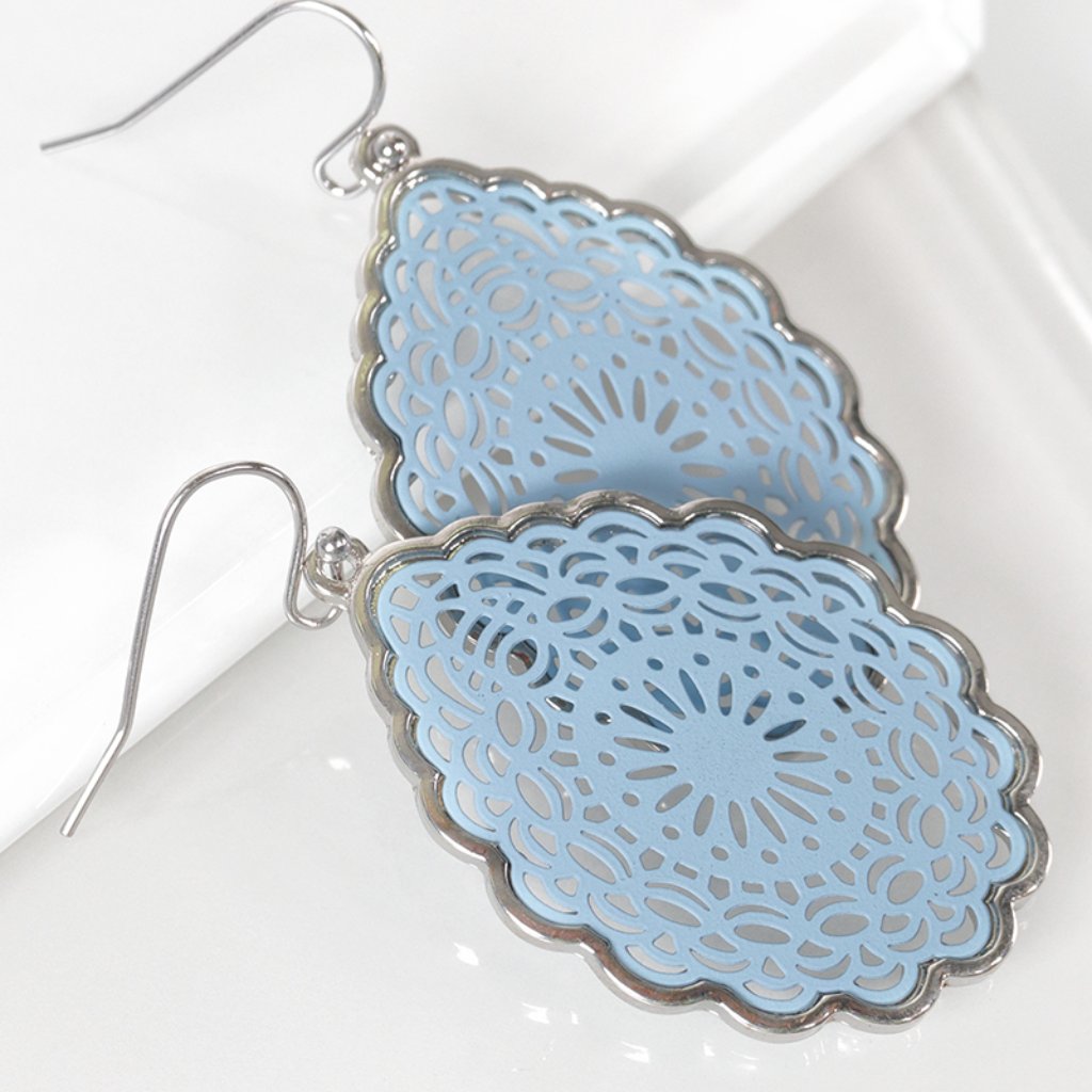 Pomina Fish Hook Filigree Drop Dangle Oval Ice Blue & Silver Earrings